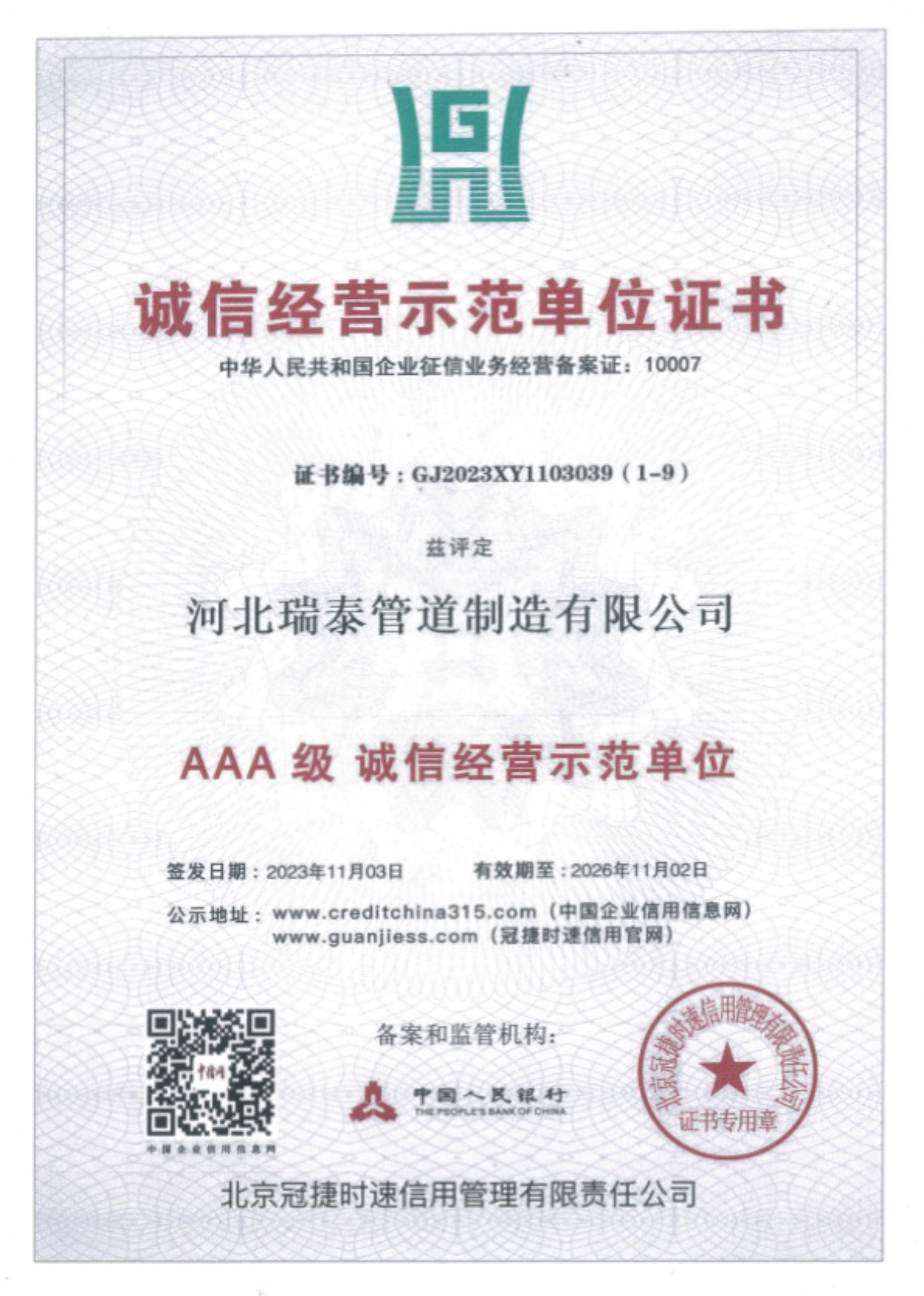 诚信经营示范单位证书